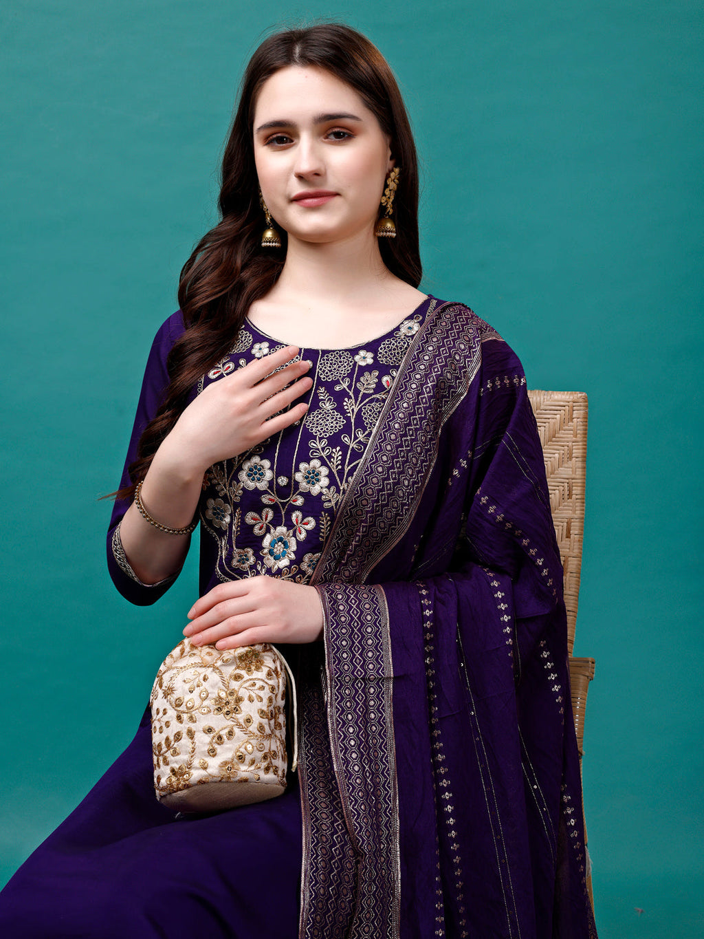 Embroidered Kurta With Pant & Sequined Dupatta, Multicolor - Hiral Fashion - Distacart