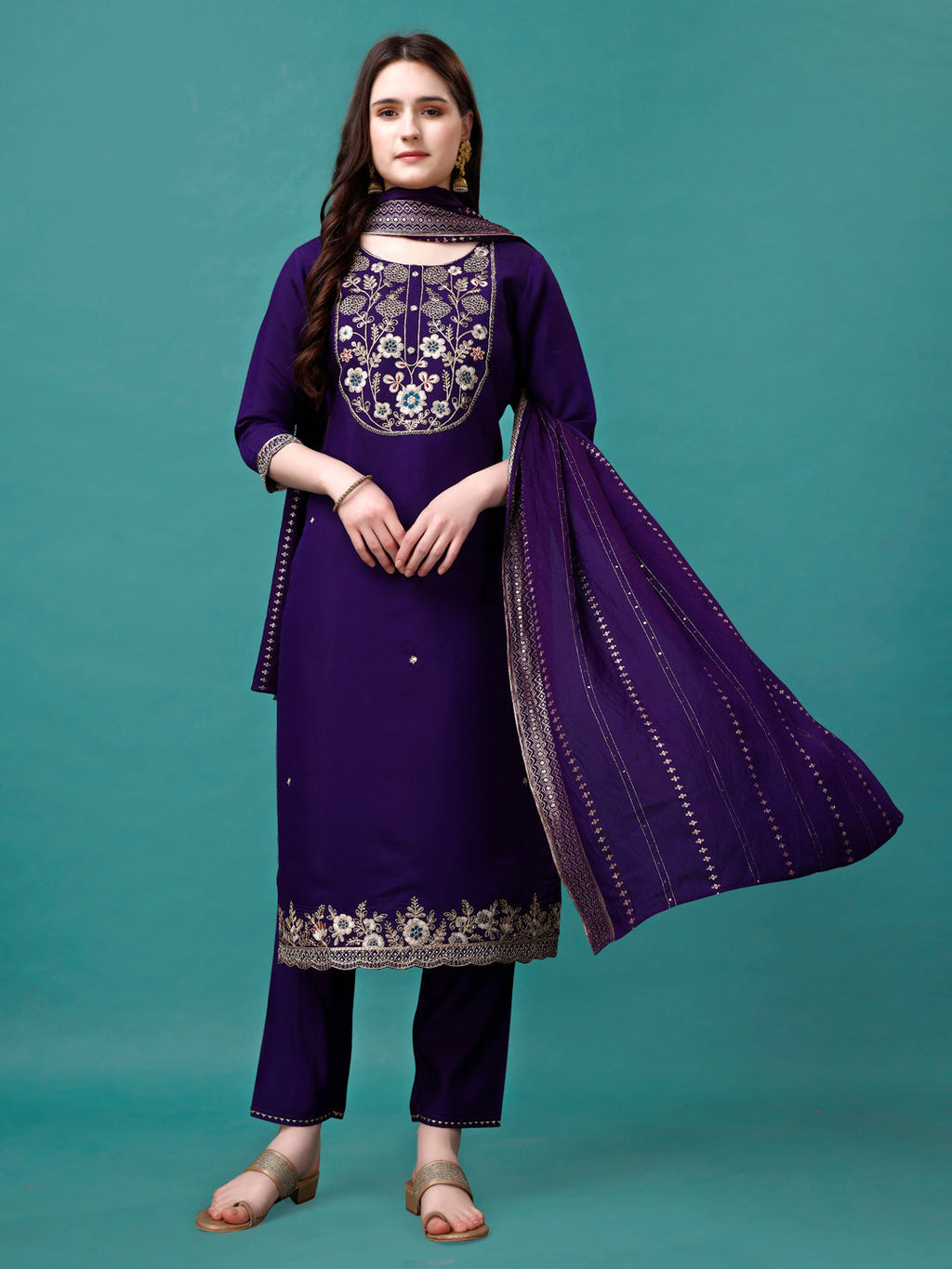 Embroidered Kurta With Pant & Sequined Dupatta, Multicolor - Hiral Fashion - Distacart
