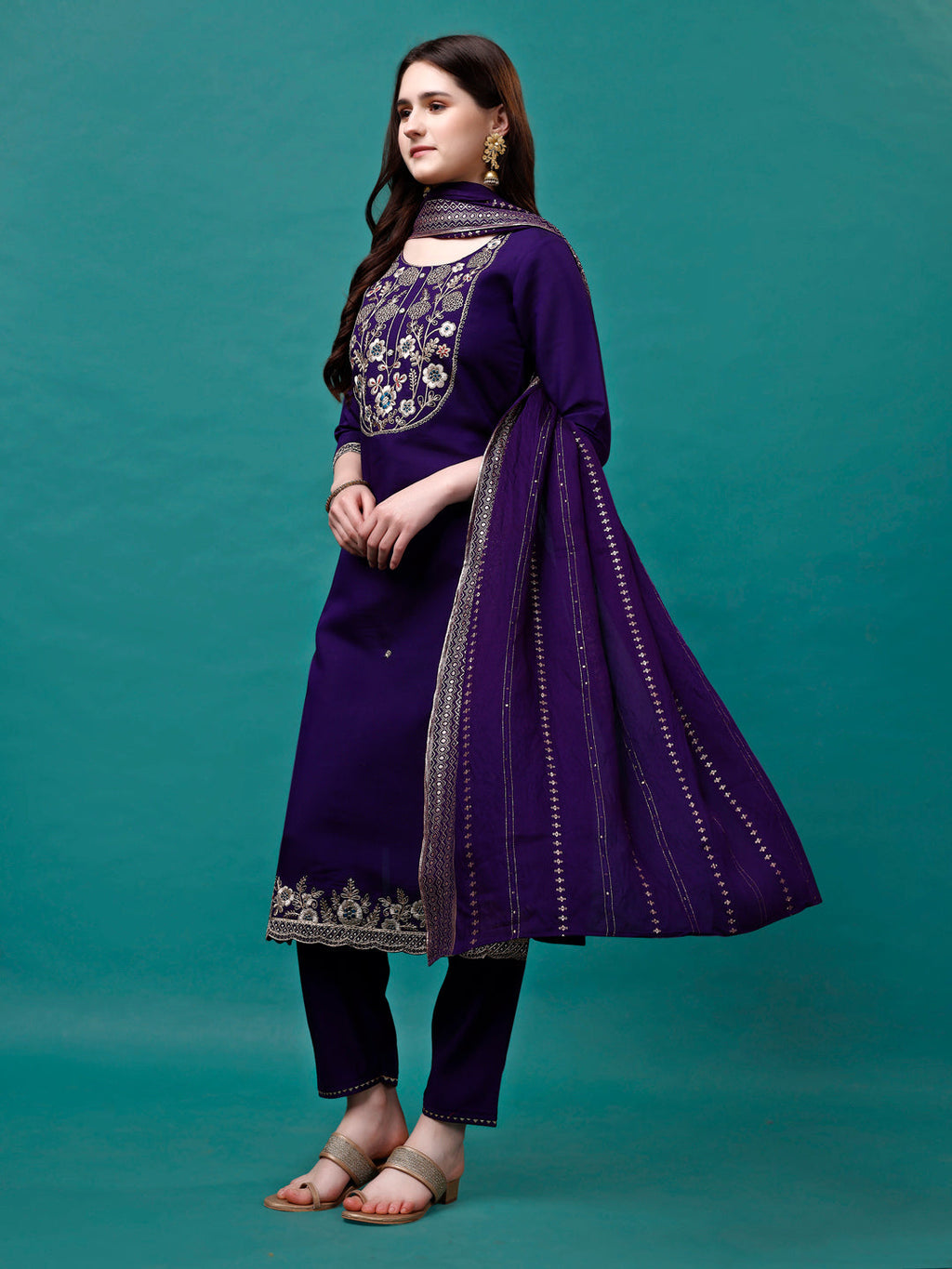 Embroidered Kurta With Pant & Sequined Dupatta, Multicolor - Hiral Fashion - Distacart