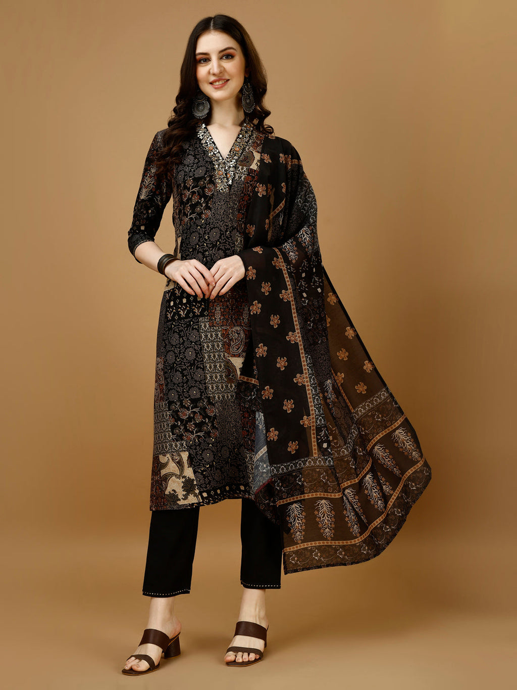 Hand Embroidered & Printed Kurta With Pant & Dupatta, Multicolor - Hiral Fashion - Distacart