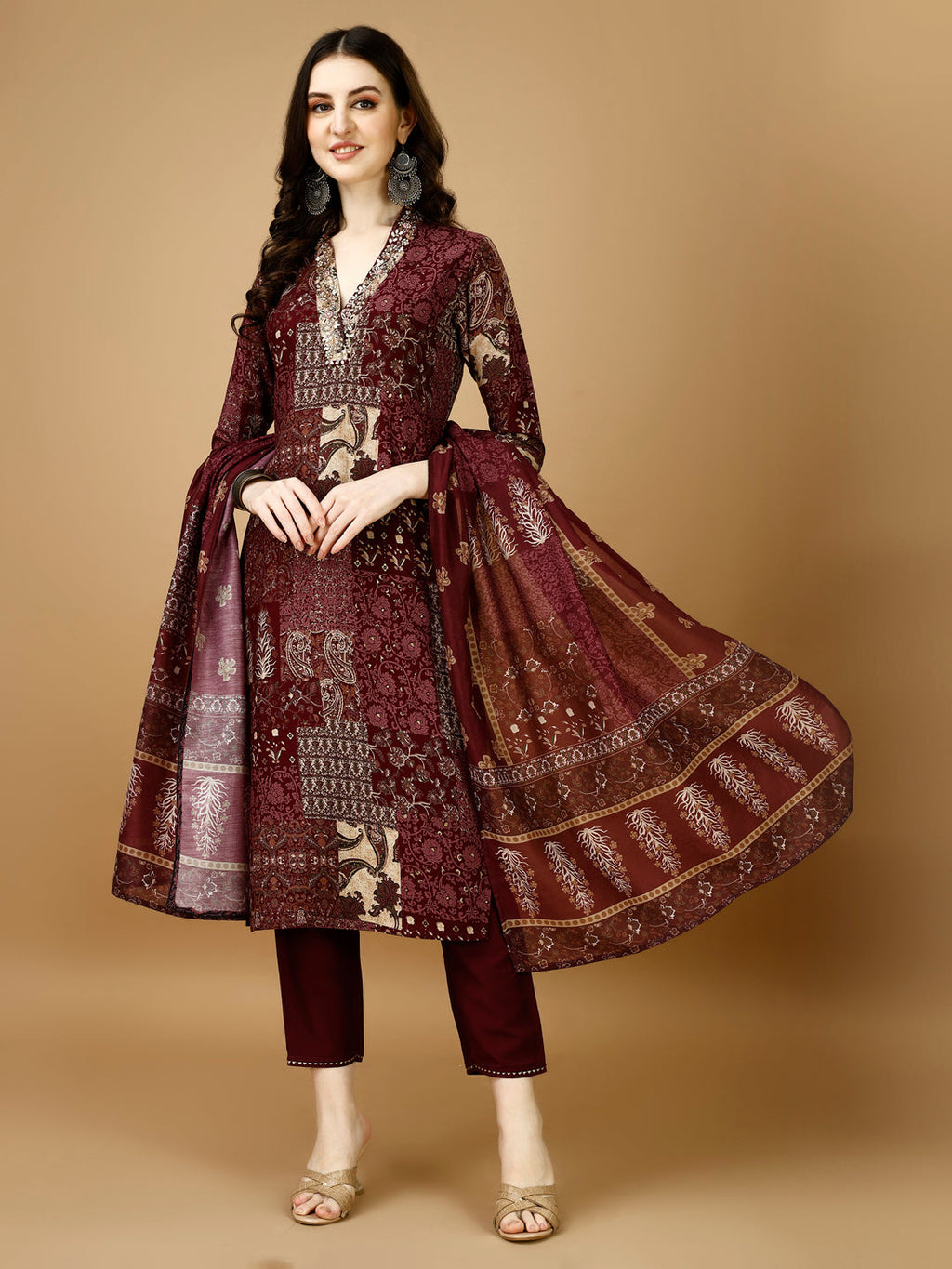 Hand Embroidered & Printed Kurta With Pant & Dupatta, Multicolor - Hiral Fashion - Distacart