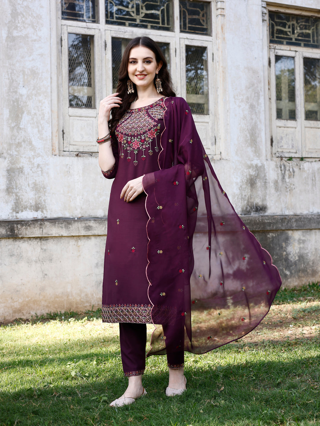 Embroidered Kurta With Pant & Organza Embroidered Dupatta Premium, Multicolor - Hiral Fashion - Distacart