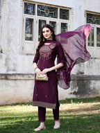 Embroidered Kurta With Pant & Organza Embroidered Dupatta Premium, Multicolor - Hiral Fashion - Distacart