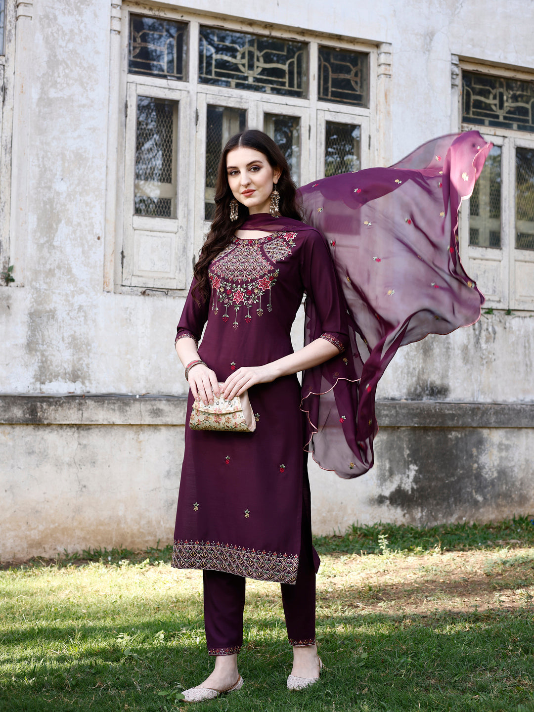 Embroidered Kurta With Pant & Organza Embroidered Dupatta Premium, Multicolor - Hiral Fashion - Distacart