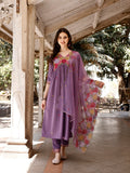 Alia Cut Hand Embroidered & Floral Embroidered Kurta With Pant & Organza Embroidered Dupatta Luxury Premium, Lavender - Hiral Fashion - Distacart