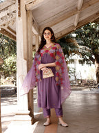 Alia Cut Hand Embroidered & Floral Embroidered Kurta With Pant & Organza Embroidered Dupatta Luxury Premium, Lavender - Hiral Fashion - Distacart