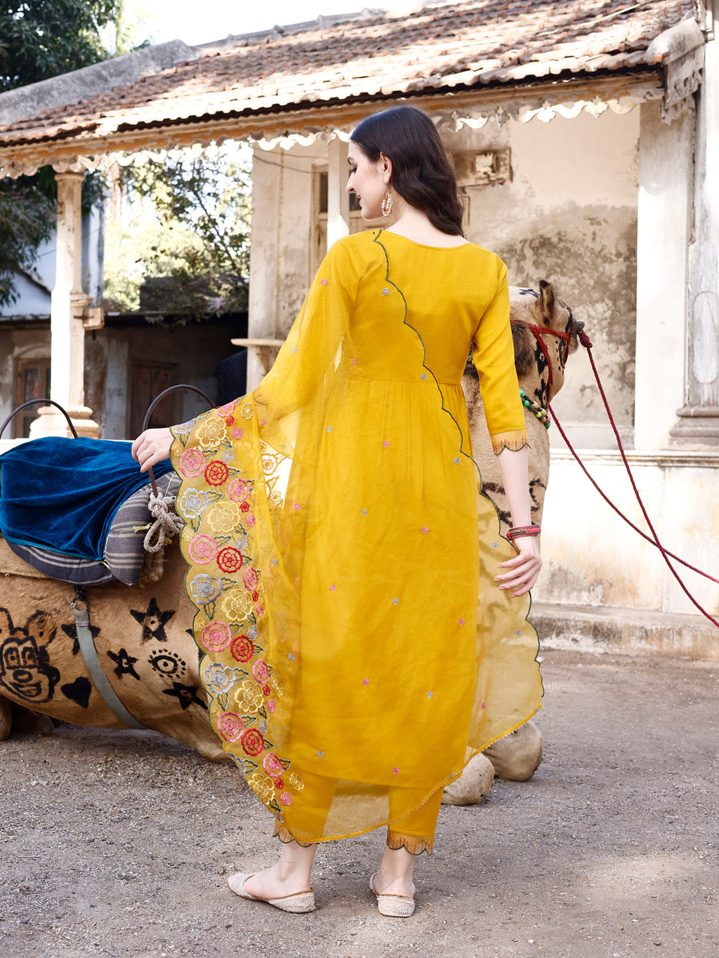 Alia Cut Hand Embroidered & Floral Embroidered Kurta With Pant & Organza Embroidered Dupatta Luxury Premium, Mustard - Hiral Fashion - Distacart