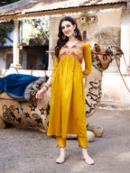 Alia Cut Hand Embroidered & Floral Embroidered Kurta With Pant & Organza Embroidered Dupatta Luxury Premium, Mustard - Hiral Fashion - Distacart