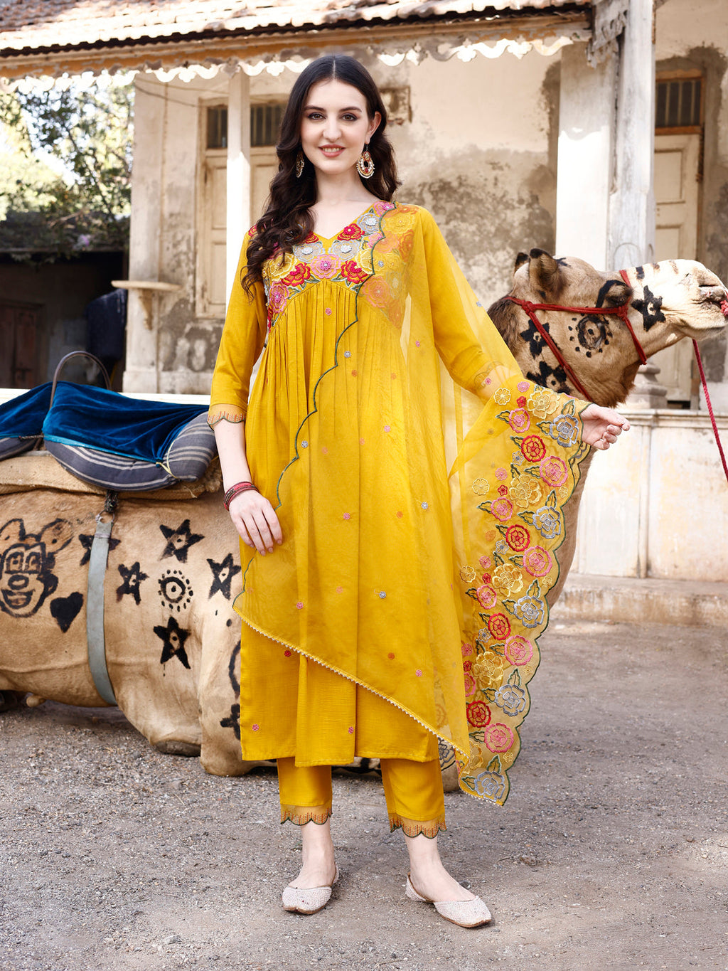 Alia Cut Hand Embroidered & Floral Embroidered Kurta With Pant & Organza Embroidered Dupatta Luxury Premium, Mustard - Hiral Fashion - Distacart