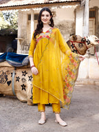 Alia Cut Hand Embroidered & Floral Embroidered Kurta With Pant & Organza Embroidered Dupatta Luxury Premium, Mustard - Hiral Fashion - Distacart