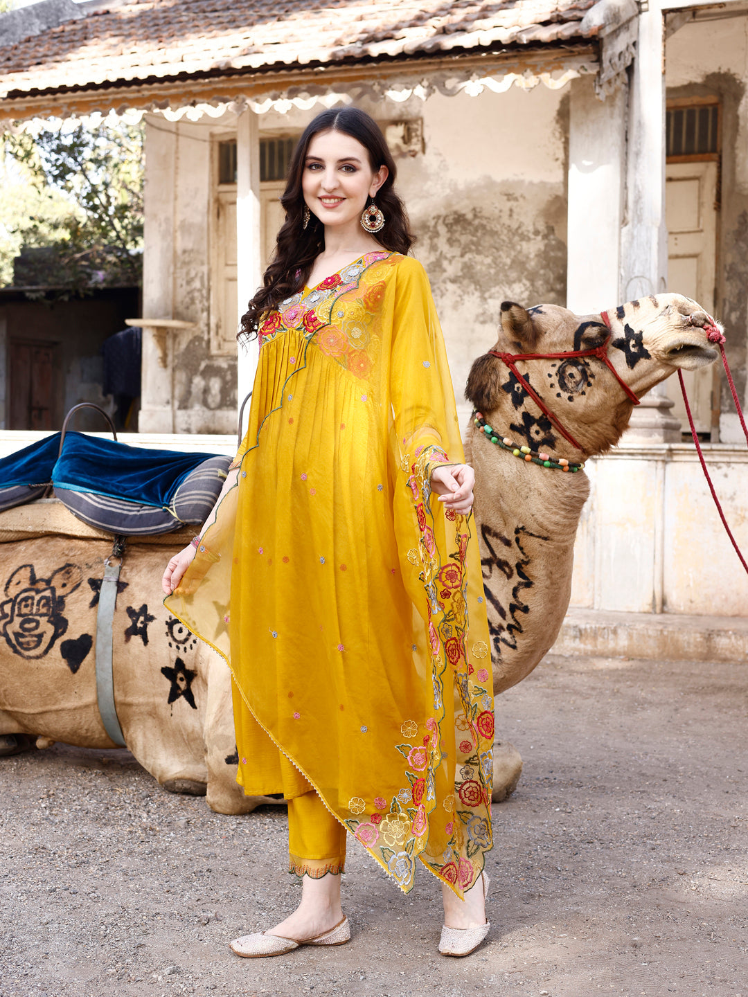 Alia Cut Hand Embroidered & Floral Embroidered Kurta With Pant & Organza Embroidered Dupatta Luxury Premium, Mustard - Hiral Fashion - Distacart