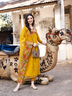 Alia Cut Hand Embroidered & Floral Embroidered Kurta With Pant & Organza Embroidered Dupatta Luxury Premium, Mustard - Hiral Fashion - Distacart