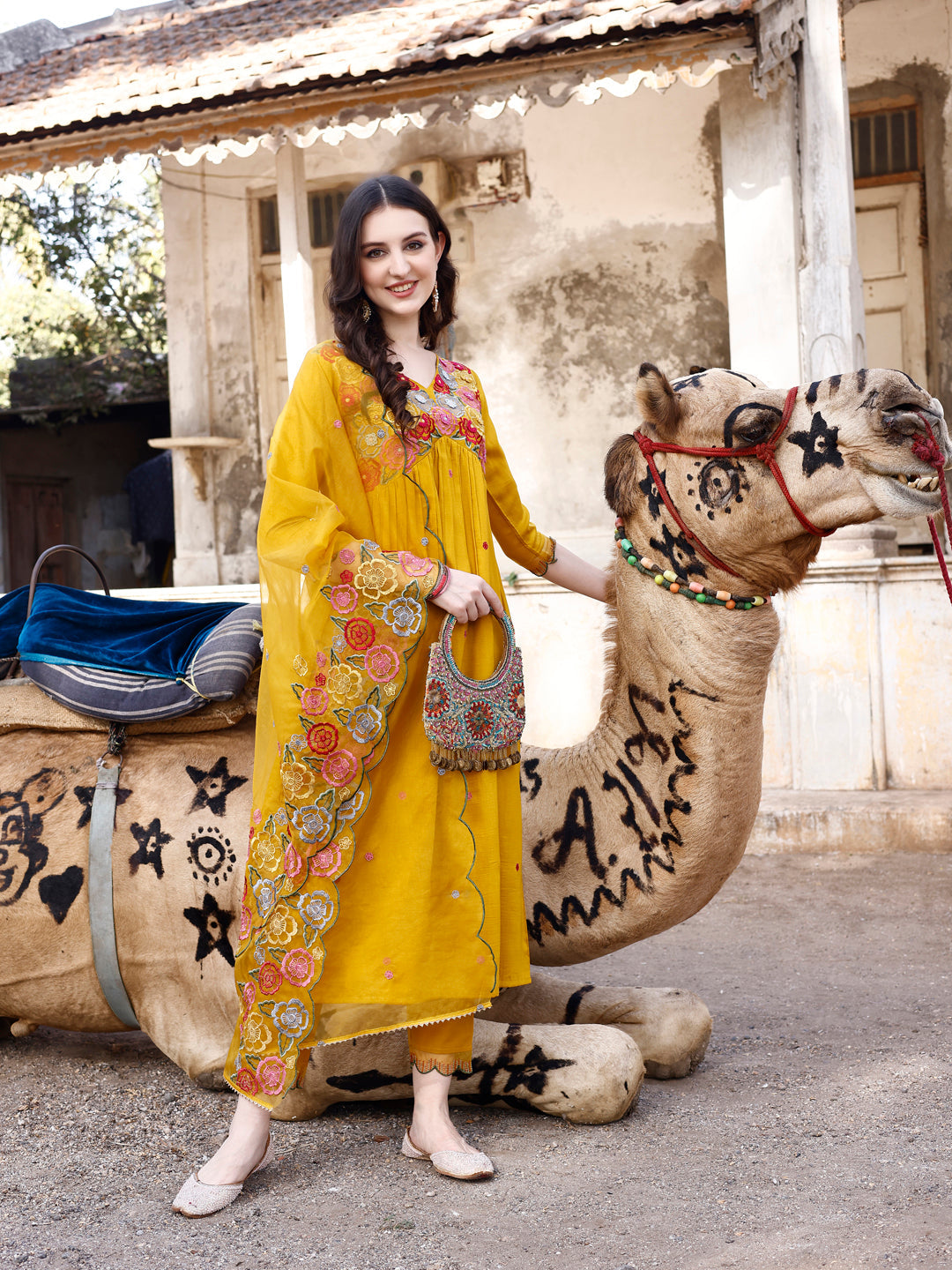 Alia Cut Hand Embroidered & Floral Embroidered Kurta With Pant & Organza Embroidered Dupatta Luxury Premium, Mustard - Hiral Fashion - Distacart