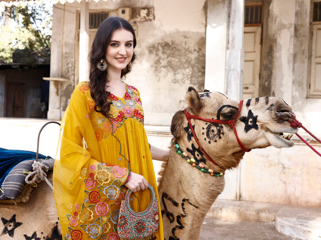 Alia Cut Hand Embroidered & Floral Embroidered Kurta With Pant & Organza Embroidered Dupatta Luxury Premium, Mustard - Hiral Fashion - Distacart