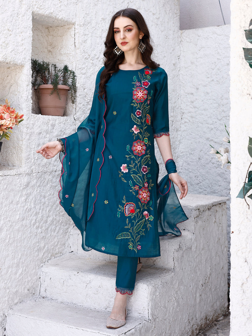Hand Embroidered Kurta With Pant & Embroidered Organza Dupatta Luxury, Multicolor - Hiral Fashion - Distacart