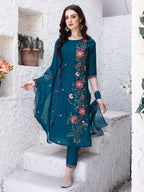 Hand Embroidered Kurta With Pant & Embroidered Organza Dupatta Luxury, Multicolor - Hiral Fashion - Distacart