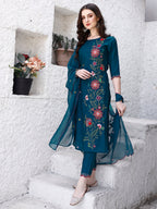 Hand Embroidered Kurta With Pant & Embroidered Organza Dupatta Luxury, Multicolor - Hiral Fashion - Distacart