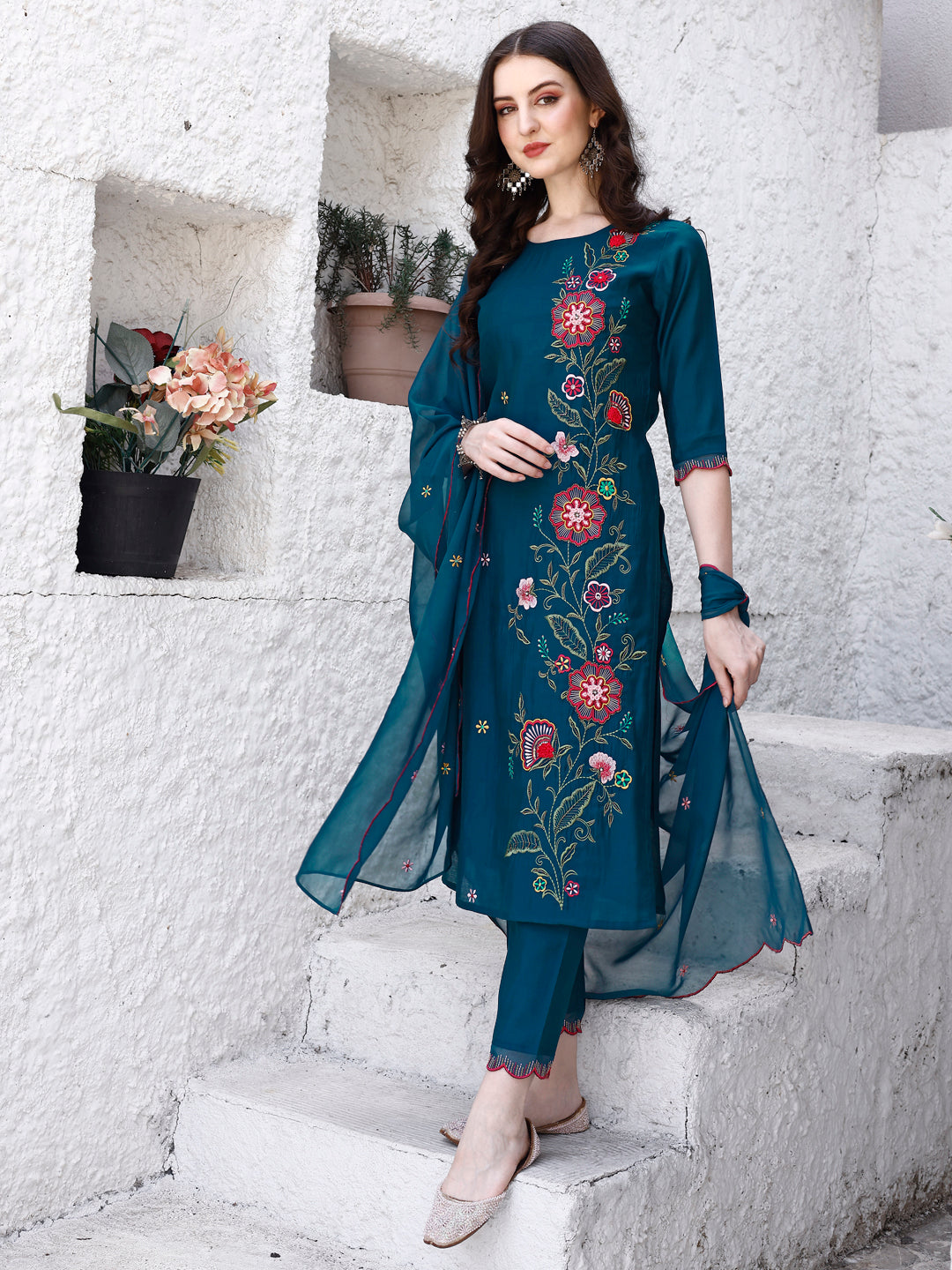 Hand Embroidered Kurta With Pant & Embroidered Organza Dupatta Luxury, Multicolor - Hiral Fashion - Distacart