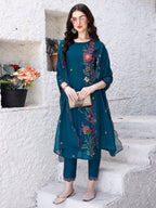 Hand Embroidered Kurta With Pant & Embroidered Organza Dupatta Luxury, Multicolor - Hiral Fashion - Distacart