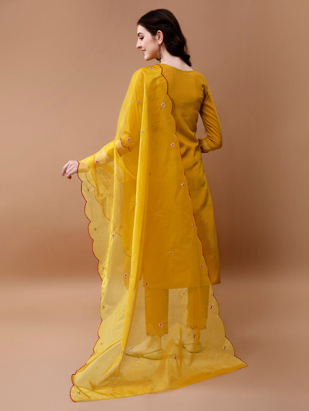 Hand Embroidered Kurta With Pant & Embroidered Organza Dupatta, Multicolor - Hiral Fashion - Distacart