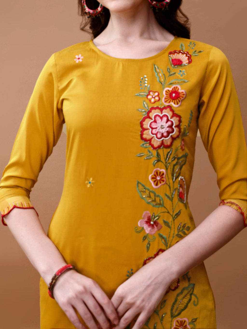 Hand Embroidered Kurta With Pant & Embroidered Organza Dupatta, Multicolor - Hiral Fashion - Distacart