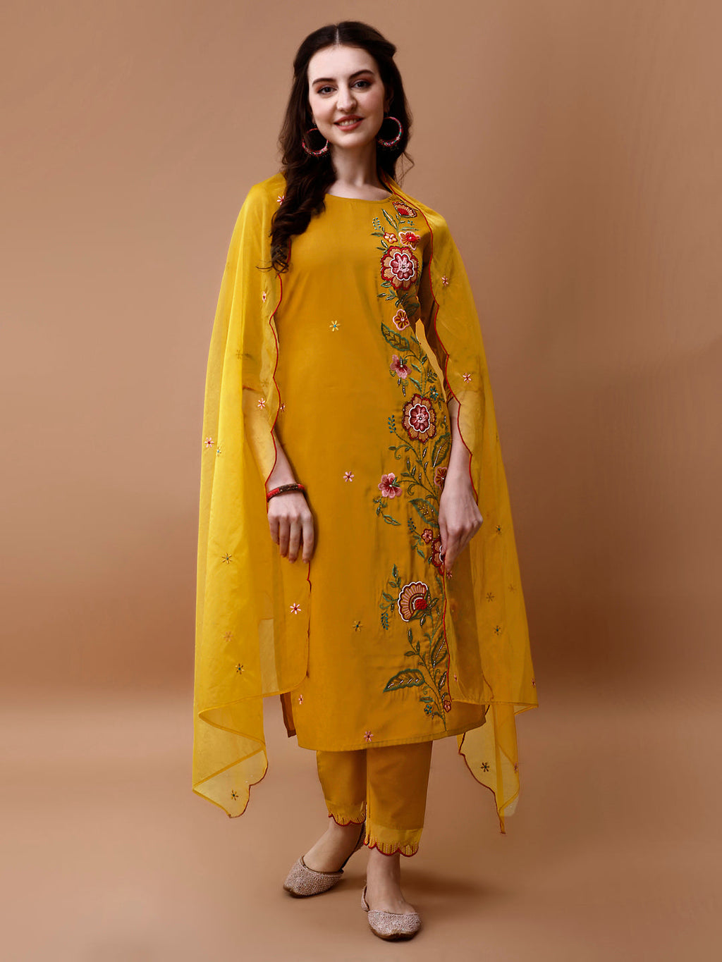 Hand Embroidered Kurta With Pant & Embroidered Organza Dupatta, Multicolor - Hiral Fashion - Distacart