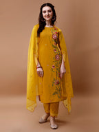Hand Embroidered Kurta With Pant & Embroidered Organza Dupatta, Multicolor - Hiral Fashion - Distacart