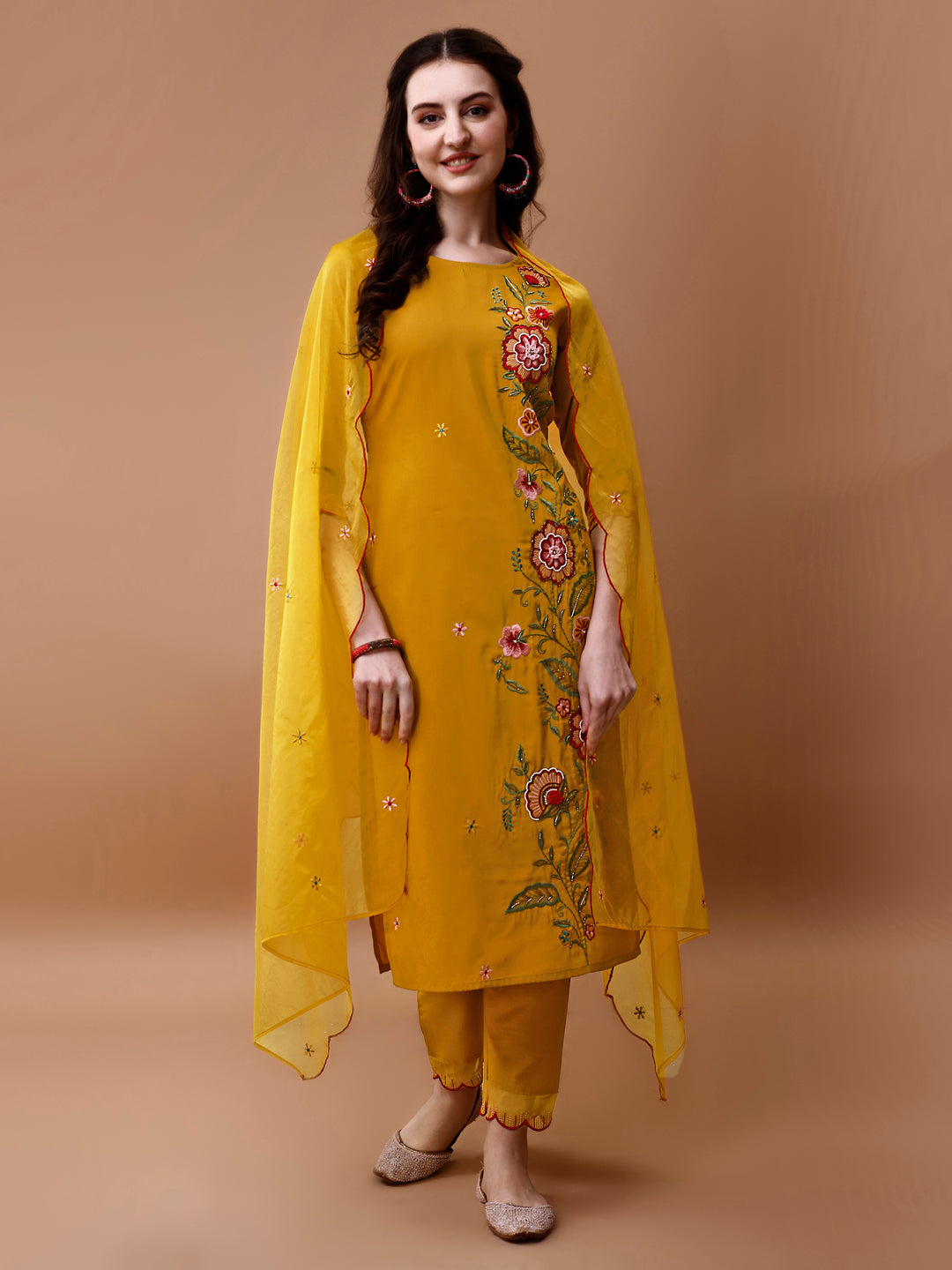 Hand Embroidered Kurta With Pant & Embroidered Organza Dupatta, Multicolor - Hiral Fashion - Distacart