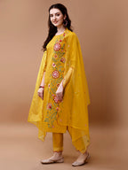 Hand Embroidered Kurta With Pant & Embroidered Organza Dupatta, Multicolor - Hiral Fashion - Distacart