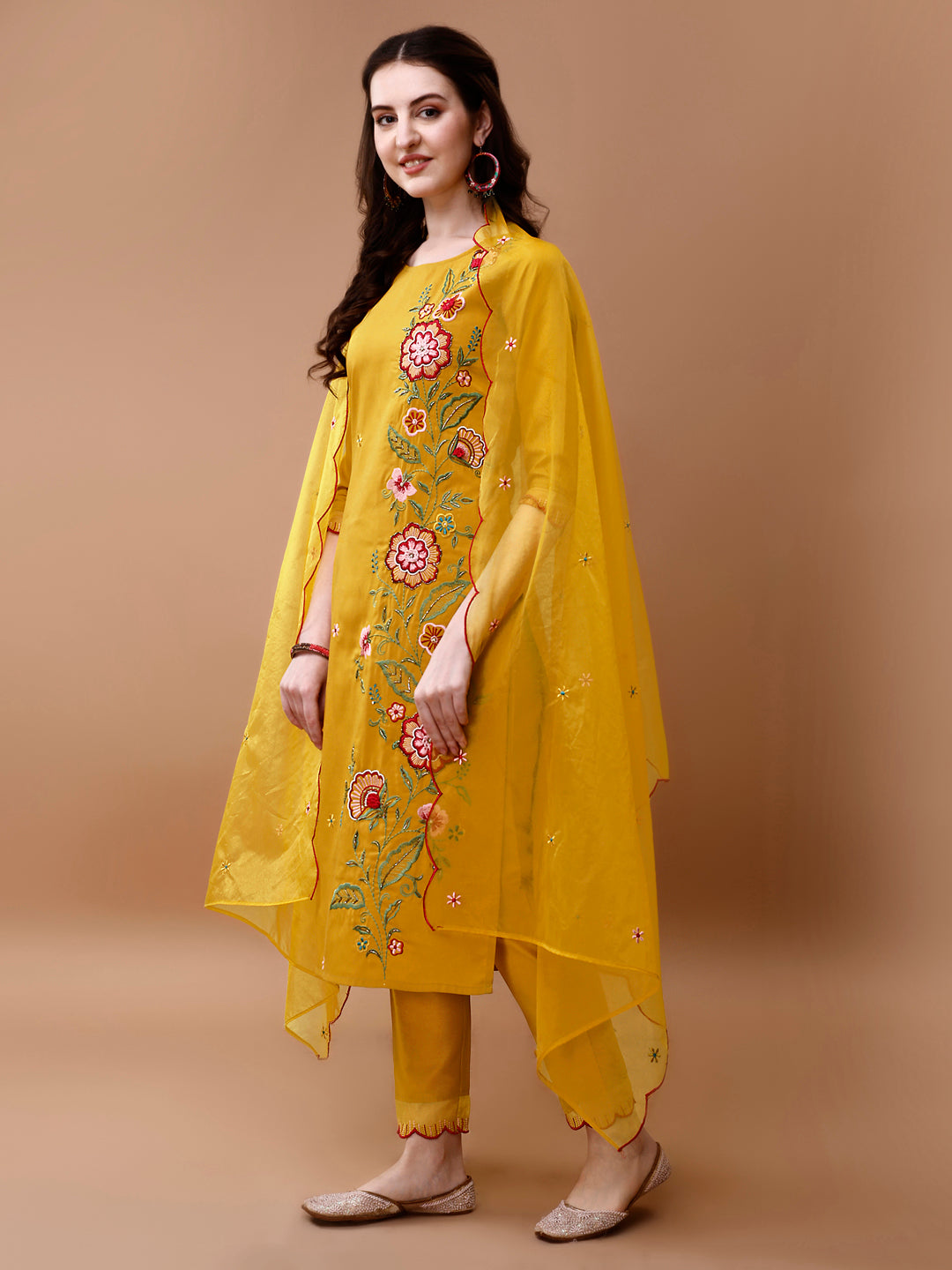 Hand Embroidered Kurta With Pant & Embroidered Organza Dupatta, Multicolor - Hiral Fashion - Distacart