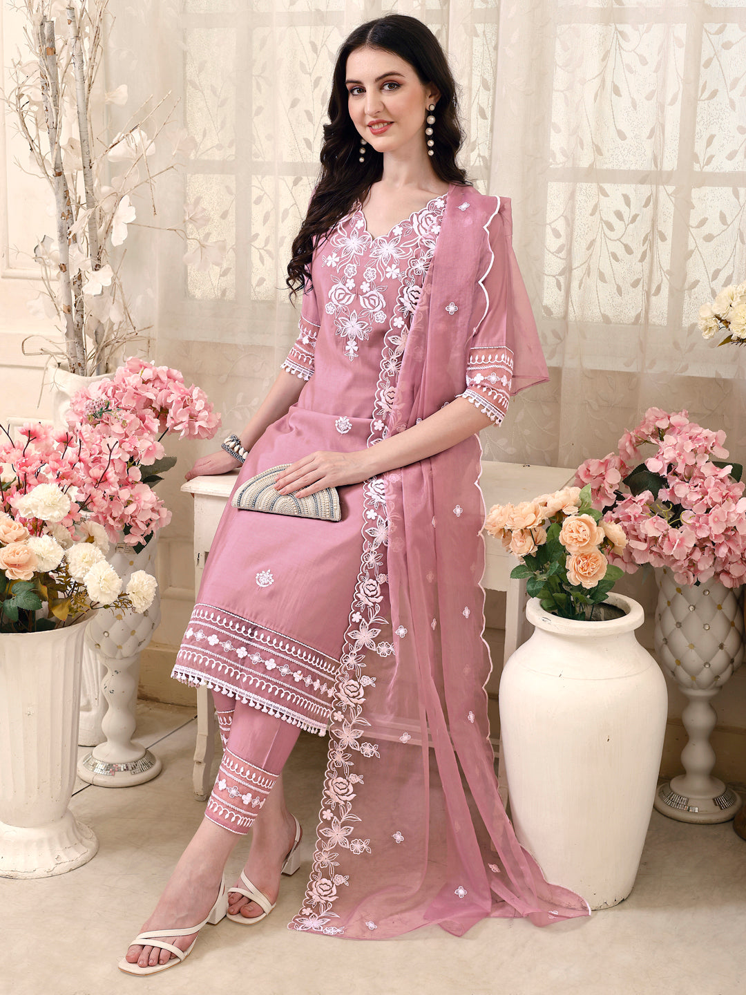 Pakistani Embroidered Kurta With Pant & Embroidered Dupatta, Multicolor - Hiral Fashion - Distacart