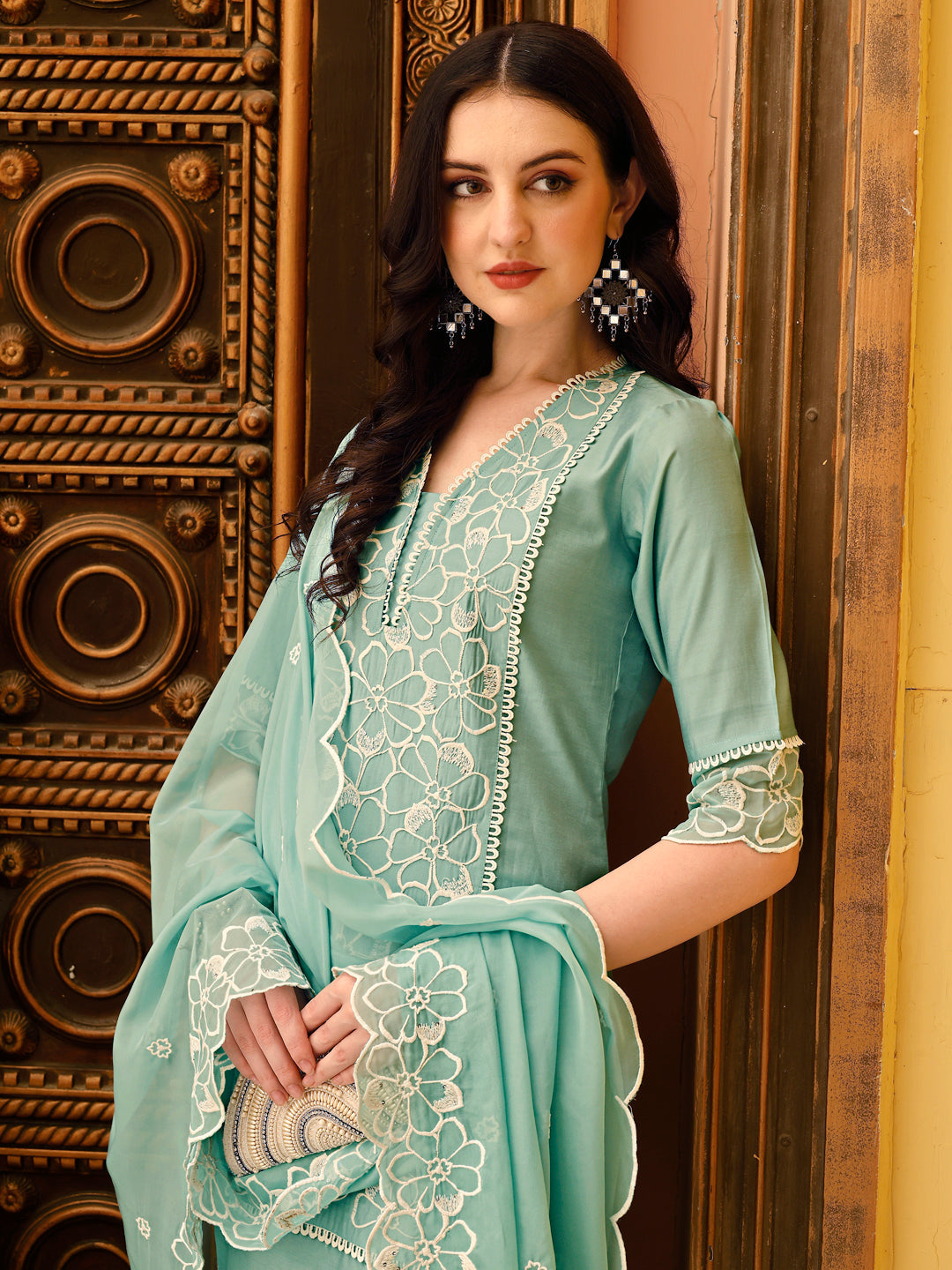 Pakistani Embroidered Kurta With Pant & Embroidered Dupatta, Green - Hiral Fashion - Distacart