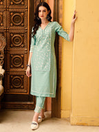 Pakistani Embroidered Kurta With Pant & Embroidered Dupatta, Green - Hiral Fashion - Distacart