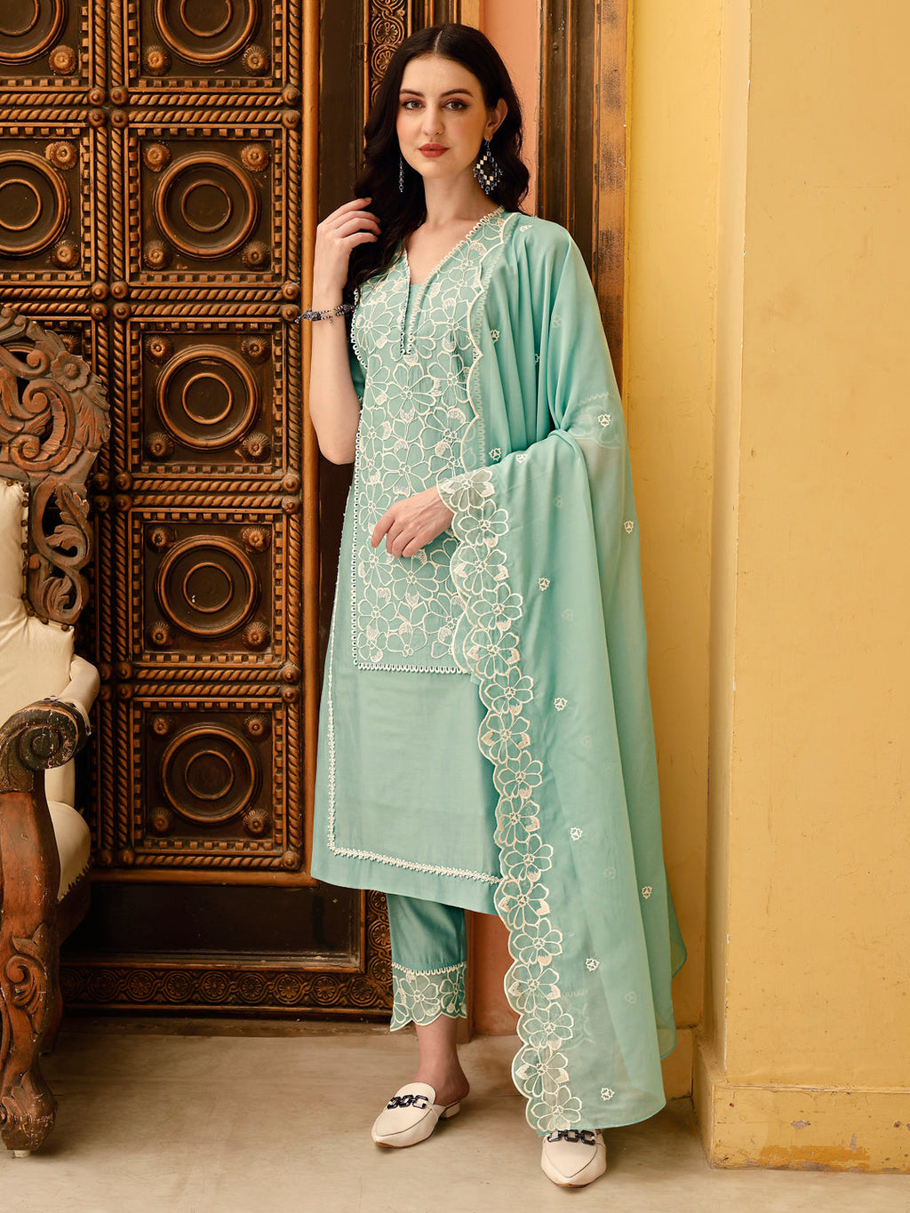 Pakistani Embroidered Kurta With Pant & Embroidered Dupatta, Green - Hiral Fashion - Distacart