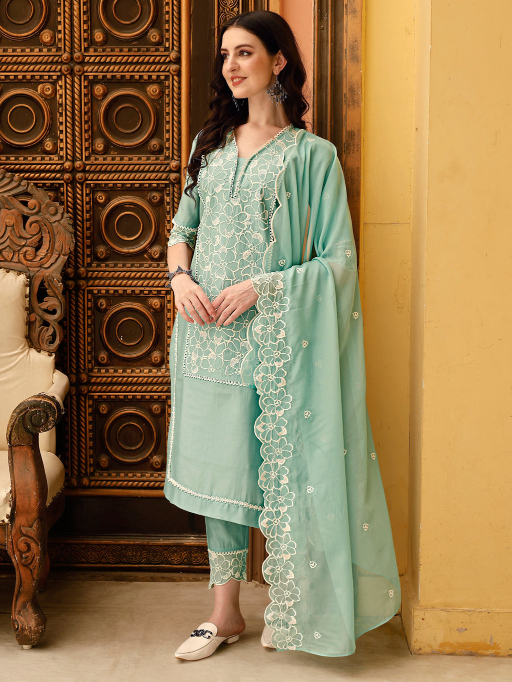 Pakistani Embroidered Kurta With Pant & Embroidered Dupatta, Green - Hiral Fashion - Distacart