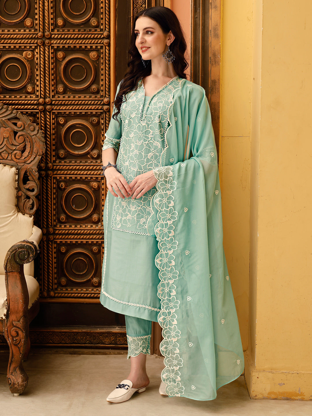 Pakistani Embroidered Kurta With Pant & Embroidered Dupatta, Green - Hiral Fashion - Distacart