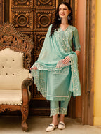 Pakistani Embroidered Kurta With Pant & Embroidered Dupatta, Green - Hiral Fashion - Distacart