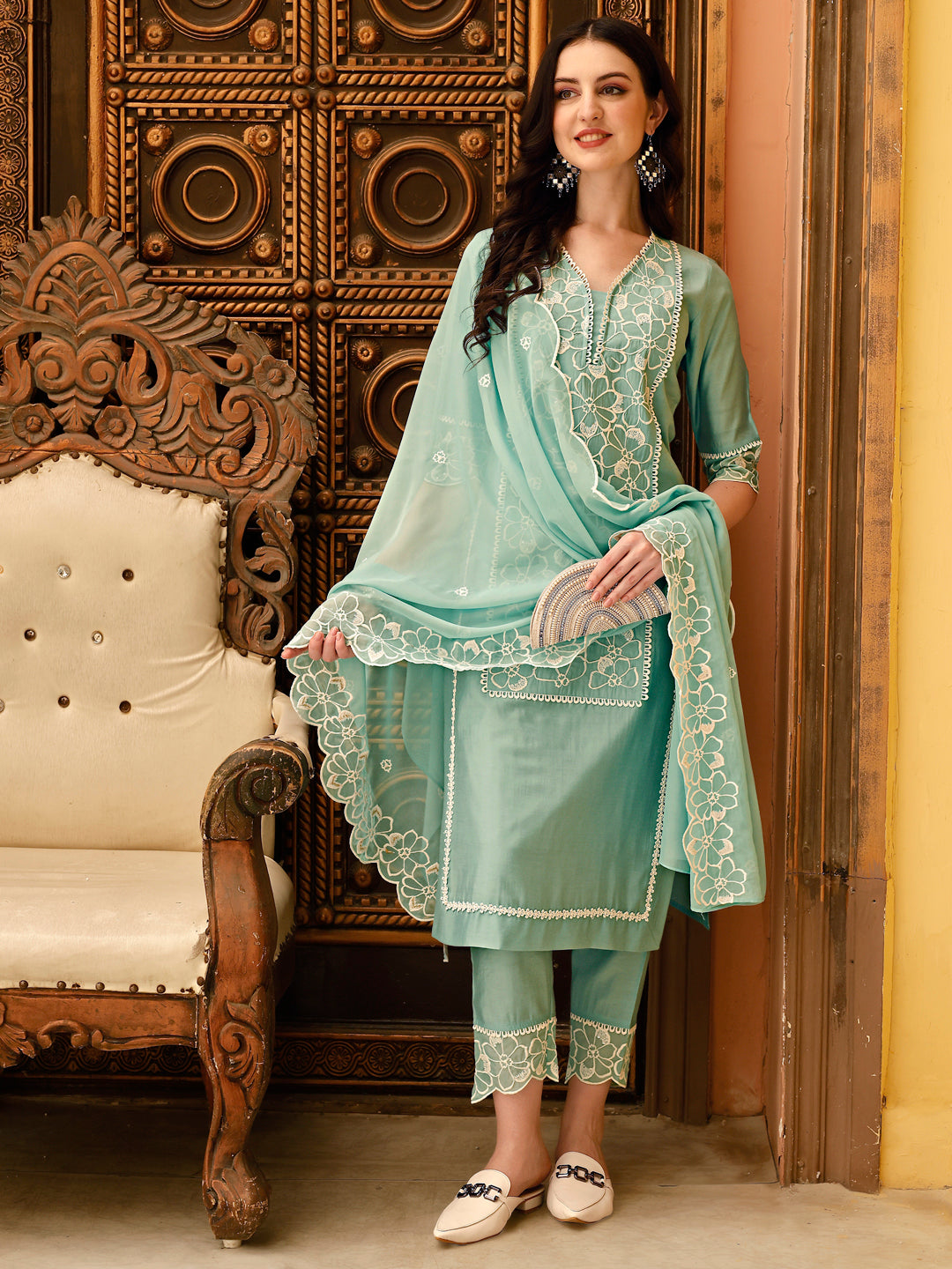 Pakistani Embroidered Kurta With Pant & Embroidered Dupatta, Green - Hiral Fashion - Distacart