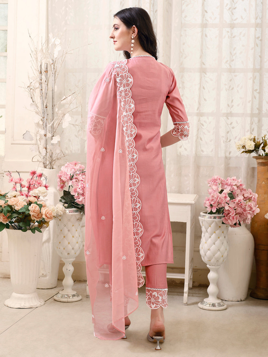 Pakistani Embroidered Kurta With Pant & Embroidered Dupatta, Peach - Hiral Fashion - Distacart