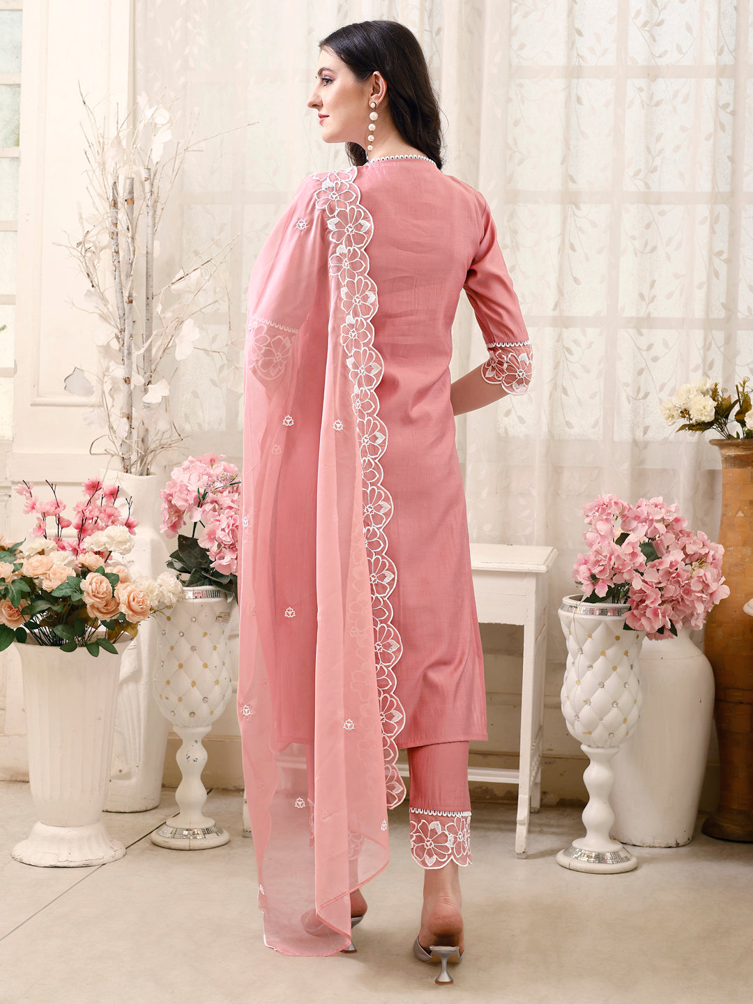 Pakistani Embroidered Kurta With Pant & Embroidered Dupatta, Peach - Hiral Fashion - Distacart