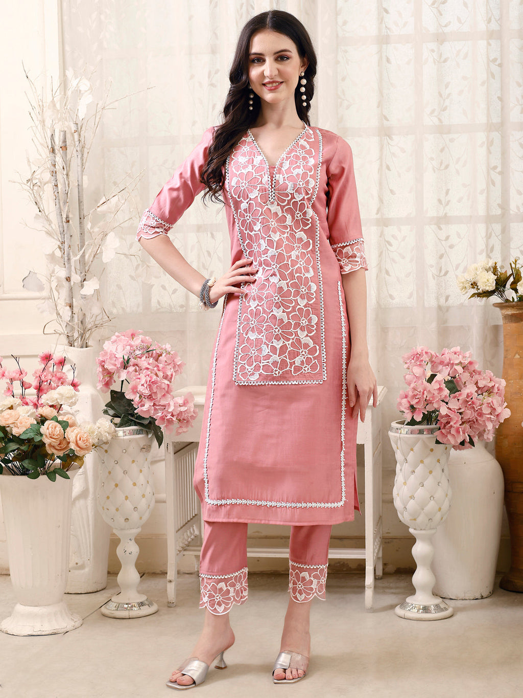 Pakistani Embroidered Kurta With Pant & Embroidered Dupatta, Peach - Hiral Fashion - Distacart