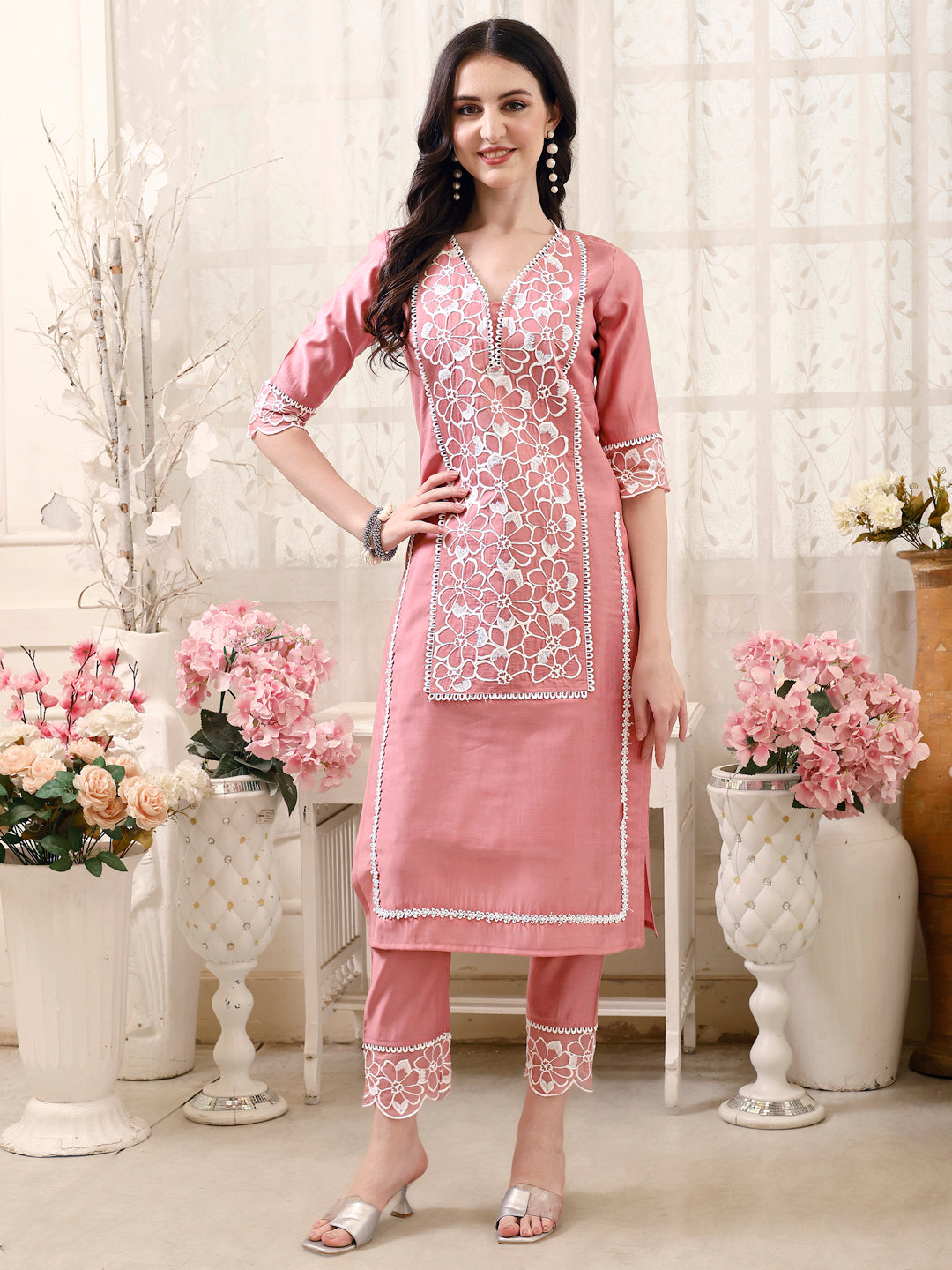 Pakistani Embroidered Kurta With Pant & Embroidered Dupatta, Peach - Hiral Fashion - Distacart