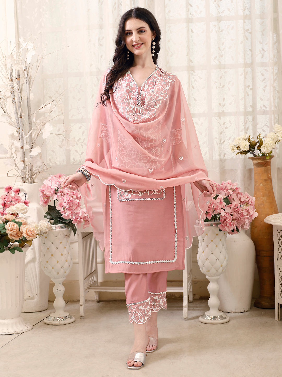 Pakistani Embroidered Kurta With Pant & Embroidered Dupatta, Peach - Hiral Fashion - Distacart