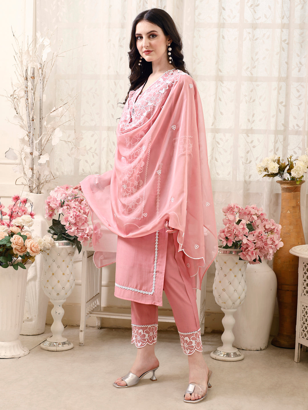 Pakistani Embroidered Kurta With Pant & Embroidered Dupatta, Peach - Hiral Fashion - Distacart