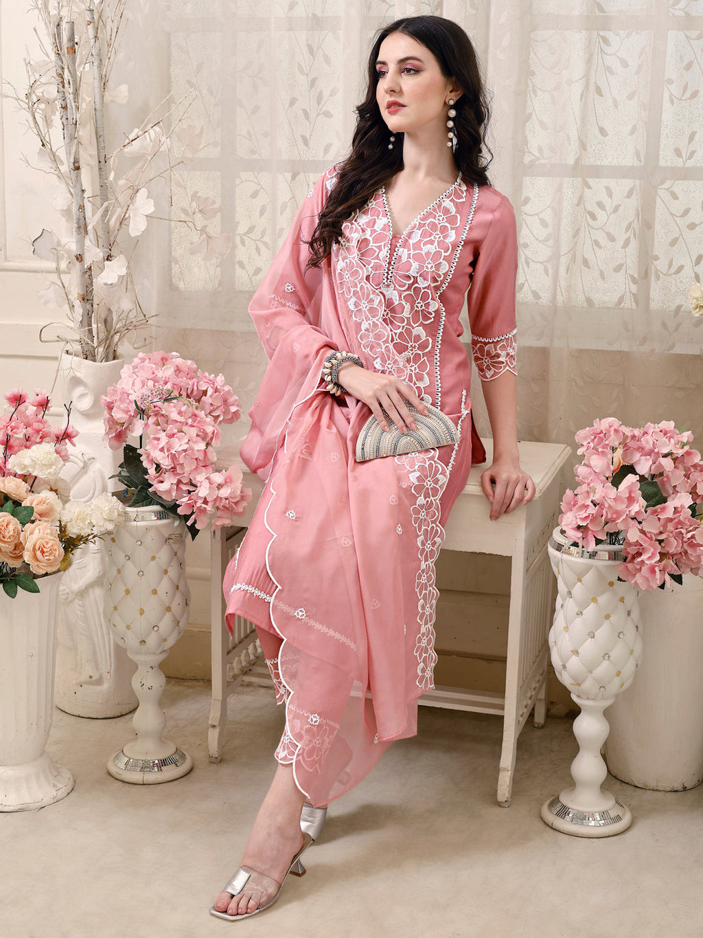 Pakistani Embroidered Kurta With Pant & Embroidered Dupatta, Peach - Hiral Fashion - Distacart