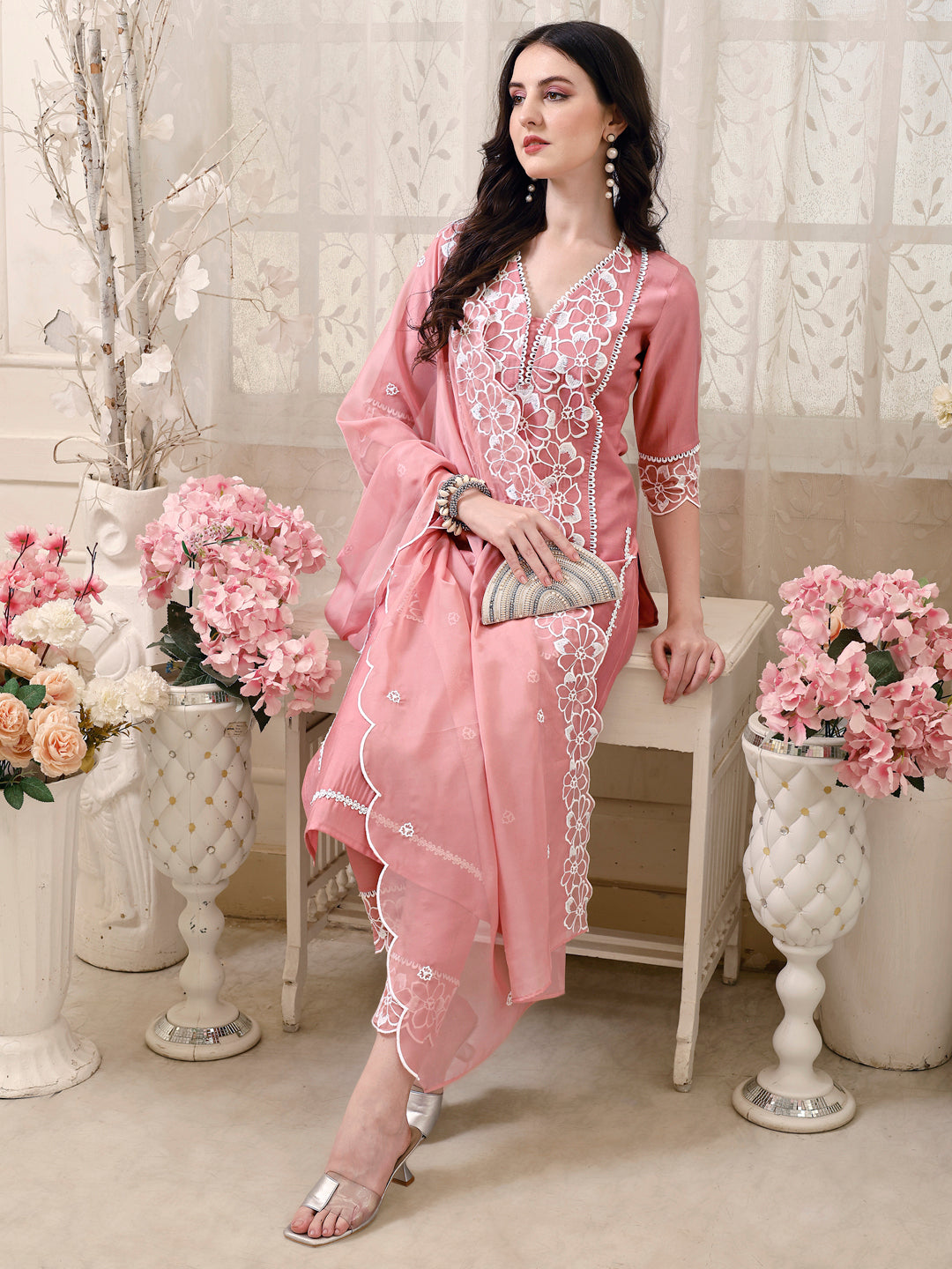 Pakistani Embroidered Kurta With Pant & Embroidered Dupatta, Peach - Hiral Fashion - Distacart