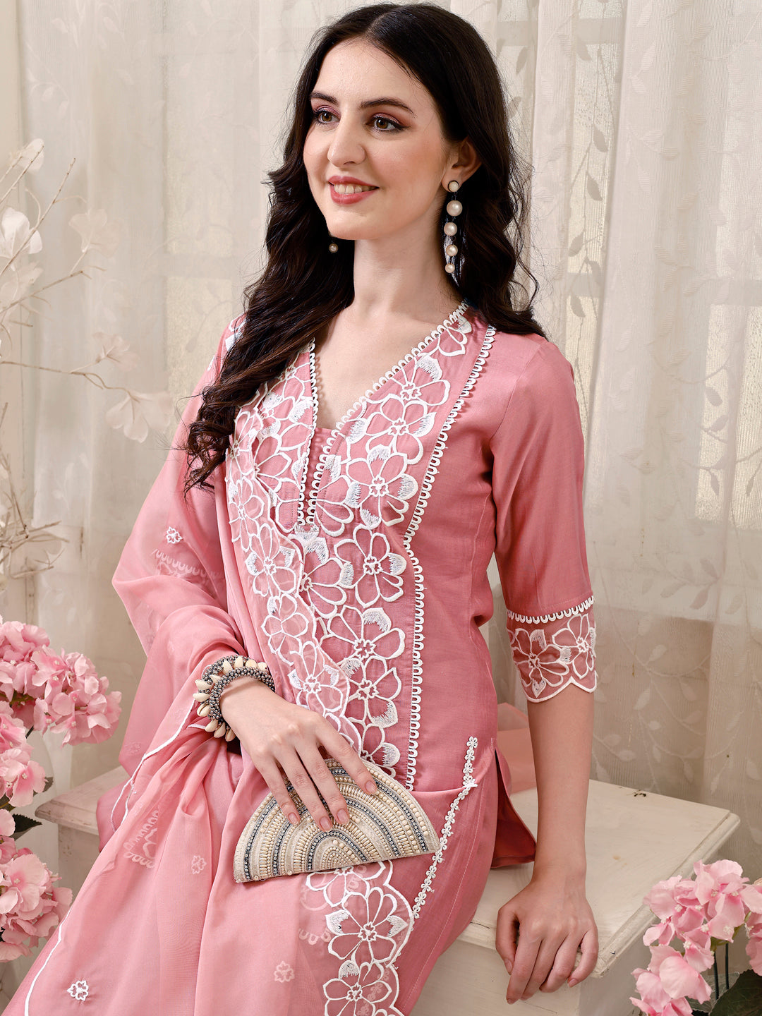 Pakistani Embroidered Kurta With Pant & Embroidered Dupatta, Peach - Hiral Fashion - Distacart