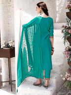 Embroidered Kurta With Pant & Dupatta, Green - Hiral Fashion - Distacart