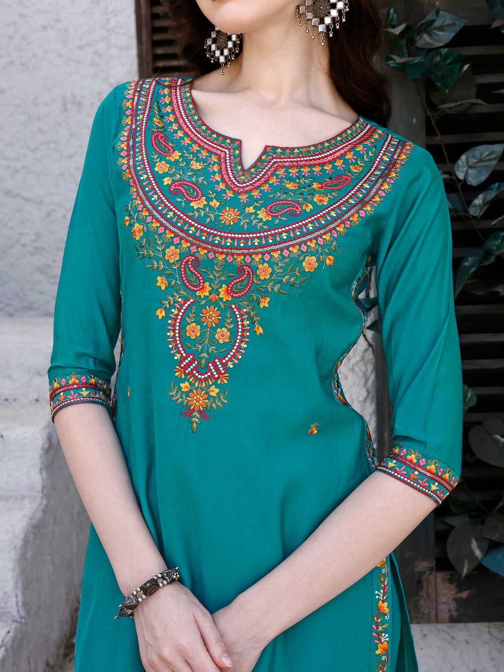 Embroidered Kurta With Pant & Dupatta, Green - Hiral Fashion - Distacart
