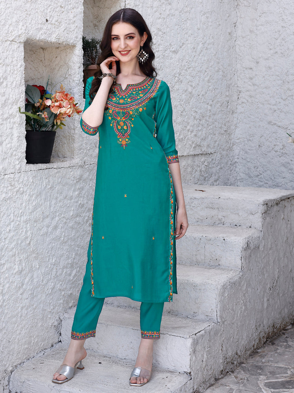 Embroidered Kurta With Pant & Dupatta, Green - Hiral Fashion - Distacart